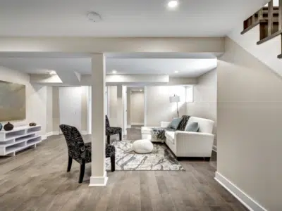 living room in basement in this split level renovation