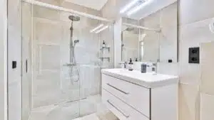 glass shower door in restroom