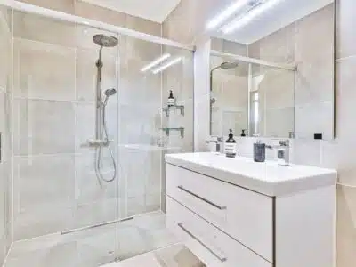 glass shower door in restroom