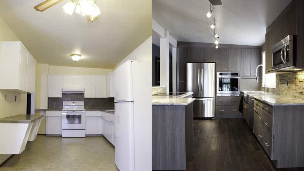 before and after images of a home remodeling kitchen remodel