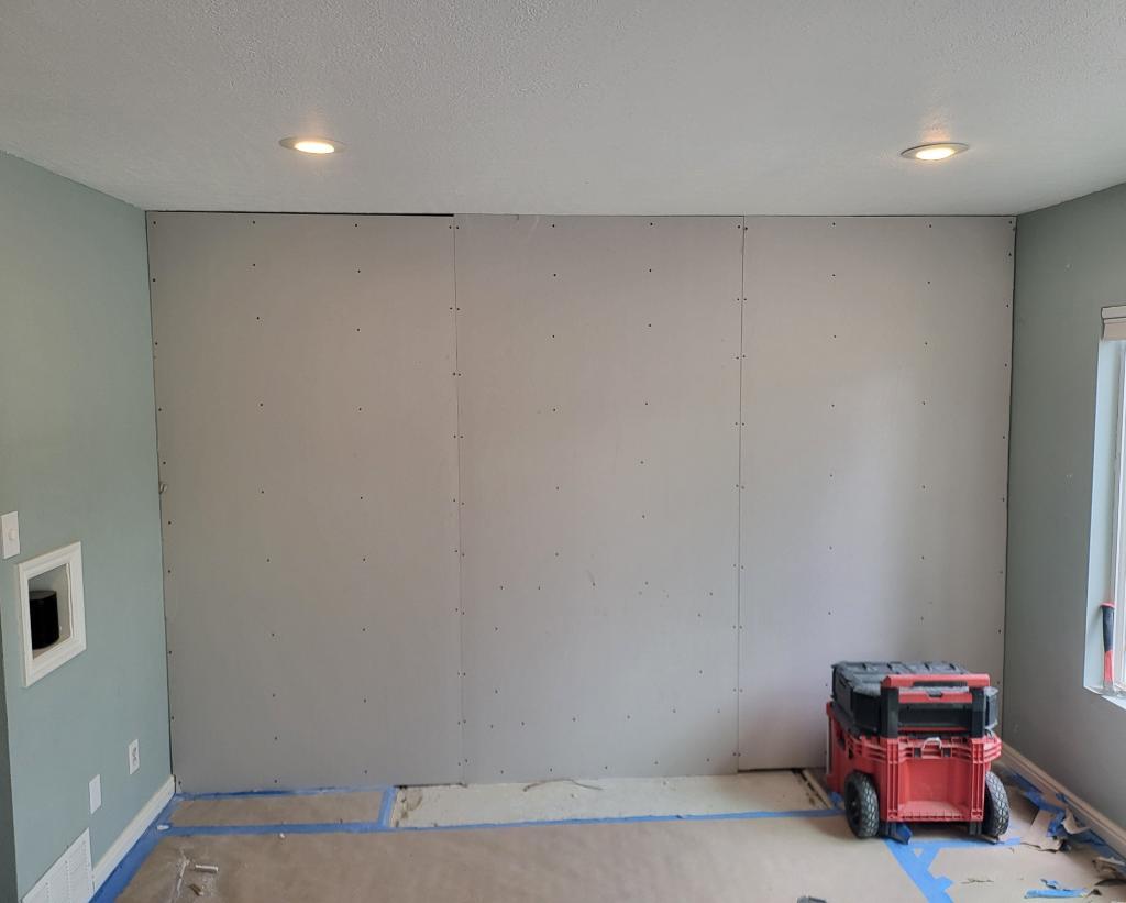 The wall is blocked off and ready for the next steps in this remodel. 