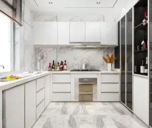 Galley shaped kitchen remodel with quartz flooring and quart backsplash