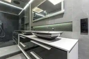 Futuristic bathroom vanity with a trending sink and mirror. 